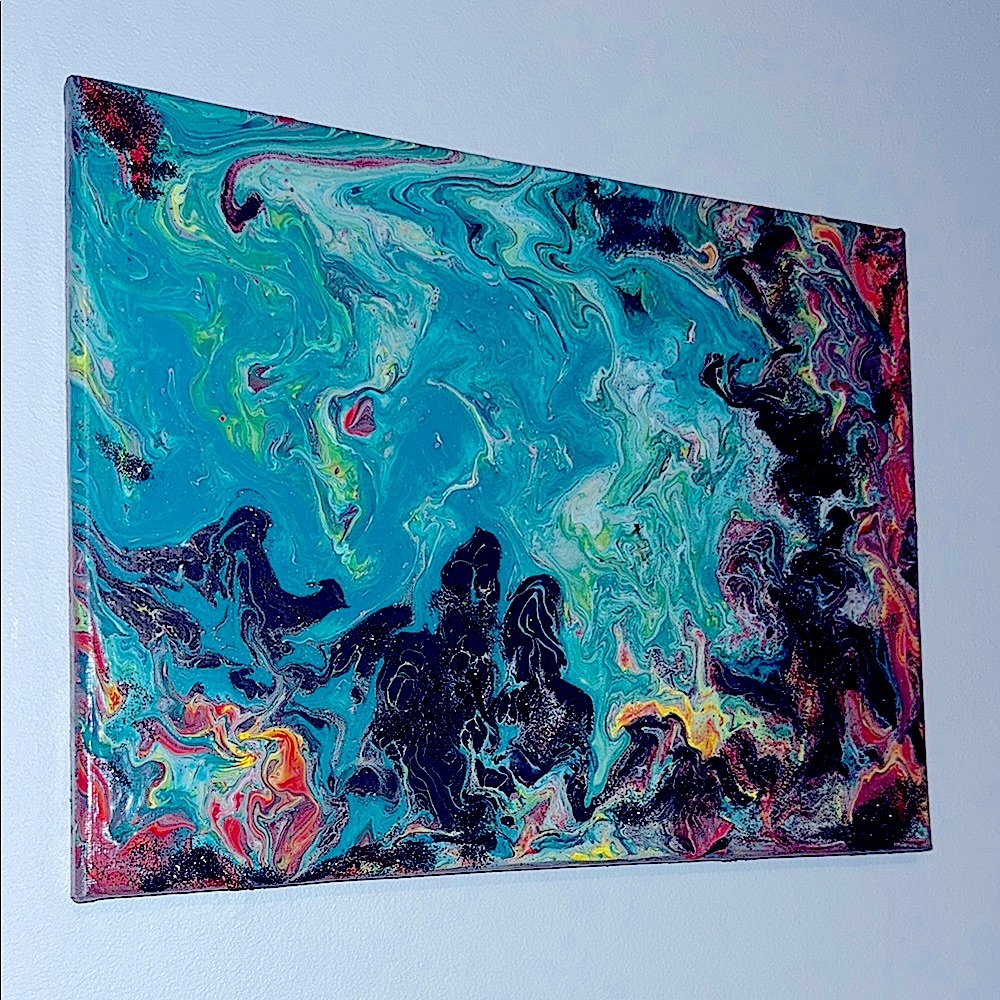 Abstract Canvas Art in Vibrant Teal and Multicolor 8 X 12